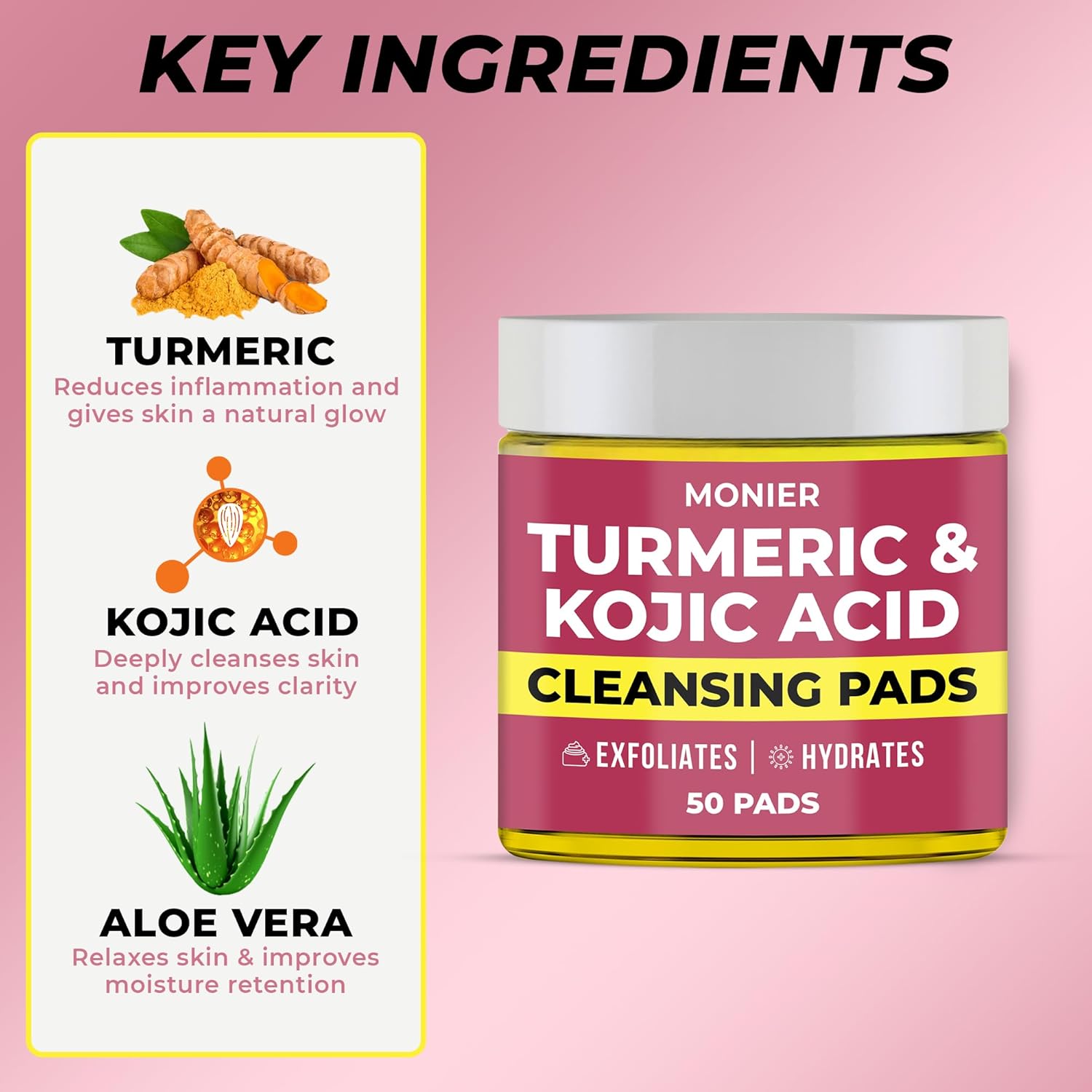 Turmeric Kojic Acid Cleansing Pads for Face Dark Spots - Hydrates & Plumps Skin - With Vitamin C & E - Sensitive Skin Friendly (50 Pads) - Image 4