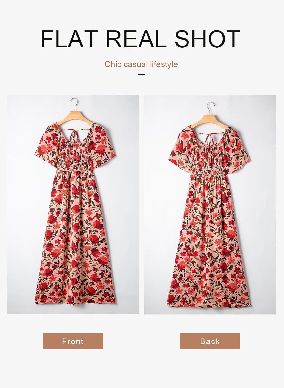 Dokotoo Womens Dresses 2025 Square Neck Tie Backless Summer Dresses Cap Sleeve Floral Buttoned Empire Waist Maxi Dress - Image 4