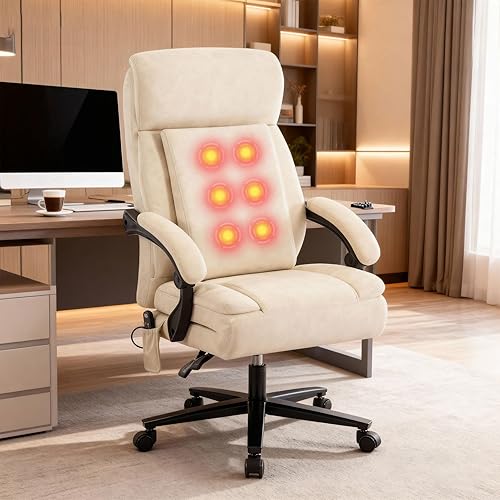 Miniatura 2 de DYHOME Silla de oficina de cuero beige con masaje y reposapiés, sillas de escritorio de tareas resistentes, sillas ergonómicas giratorias para