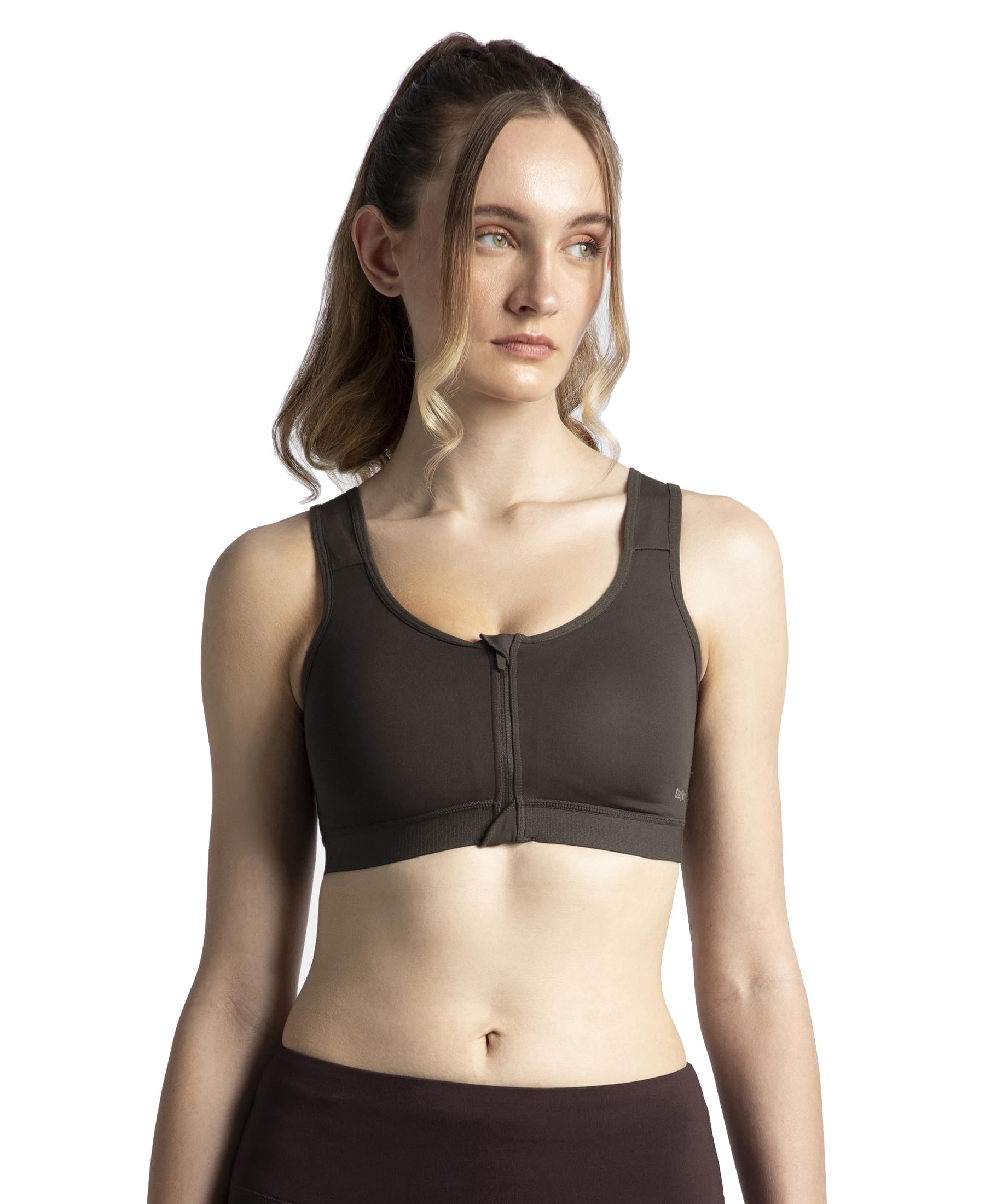 jockey MI10 Women's Wirefree Padded Microfiber Elastane Stretch Full Coverage Active Bra with Front Zipper Styling_Brown_M-picture-12