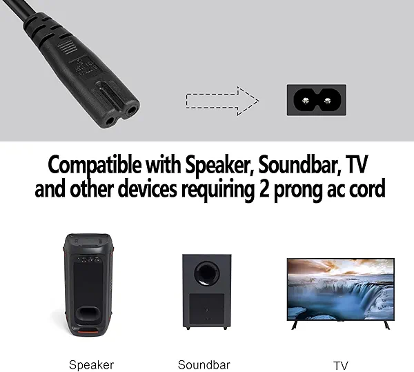 SGUUVAY 2 Prong 6 Ft Power Cord Compatible with JBL PartyBox Speaker, Onn Party Speaker