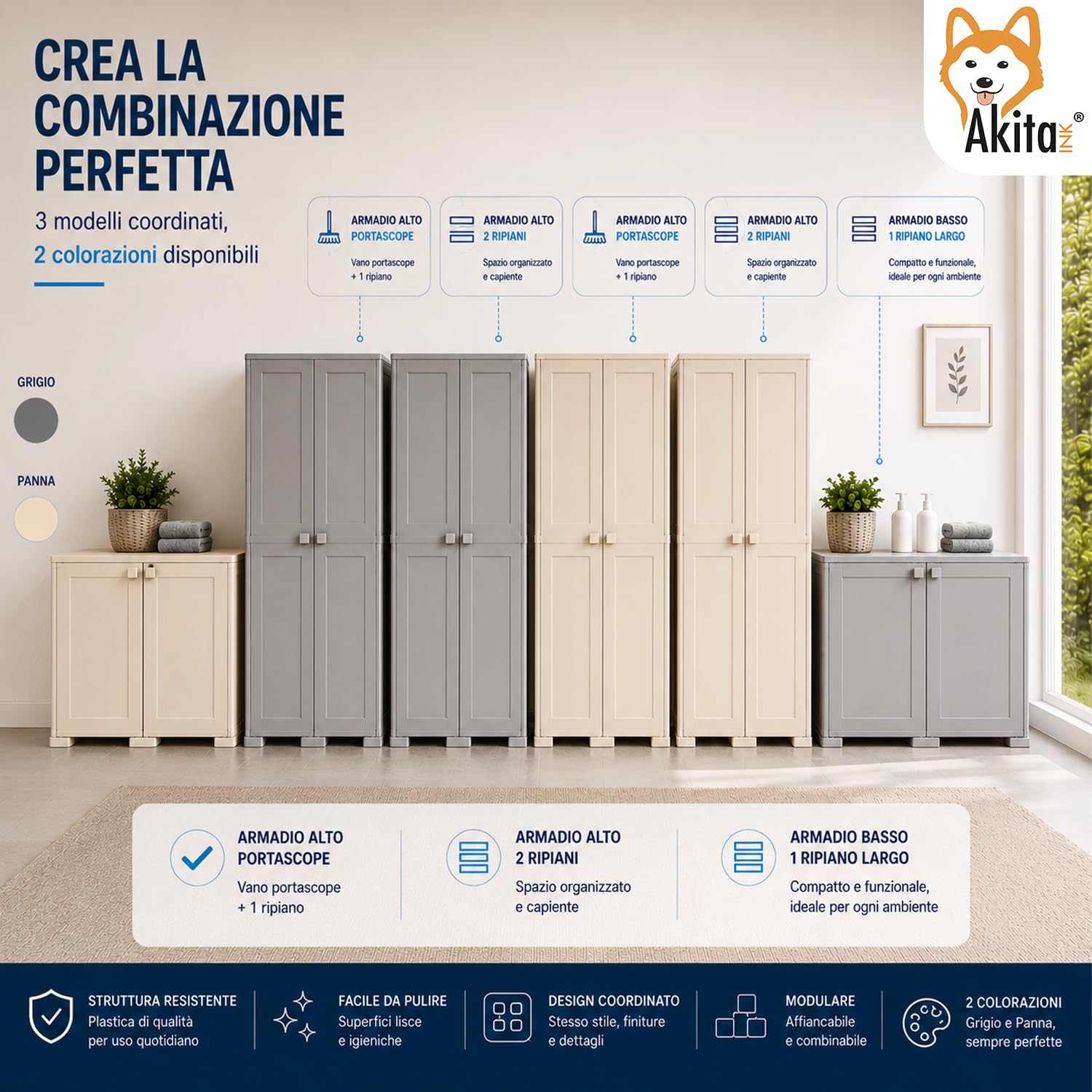 AKITAInk Armadio Multiuso in Plastica Simplex e Omnimodus, Disponibile in Versione Portascope o Bassa, con 1 o 2 Ripiani, Colori Grigio e Panna (Armadio Portascope Simplex con 1 Ripiano Panna)