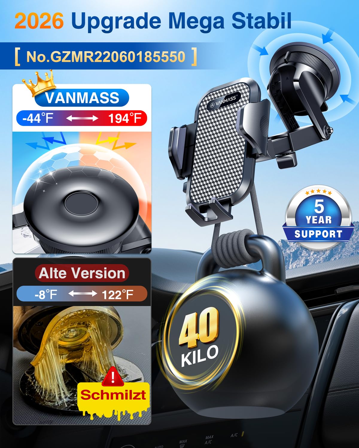 VANMASS 2026 Militärische Handyhalterung Auto Upgrade【Stärkste Saugnapf & Lüftungshaken 】4 in 1 Smartphone Auto Handyhalter 360°drehbar Autohalter auf Armaturenbrett Scheibe für iPhone Samsung,Schwarz