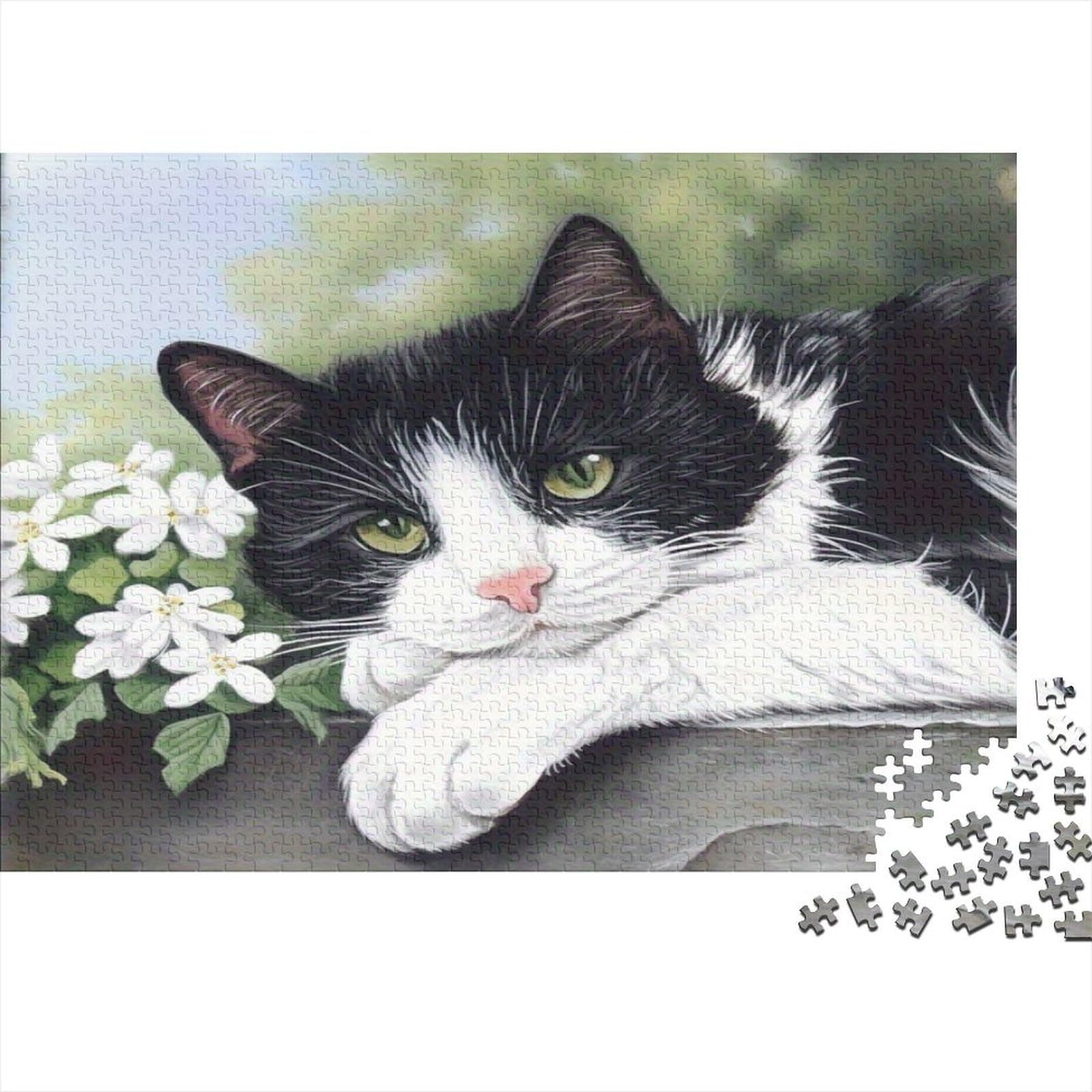 Black White Cat 1000 Piece Puzzle Premium Cardboard Jigsaw B&W Cat with Flowers Adults Family Letters on Back Brain Training Home Decor Exclusive 52x38cm/1000pcs