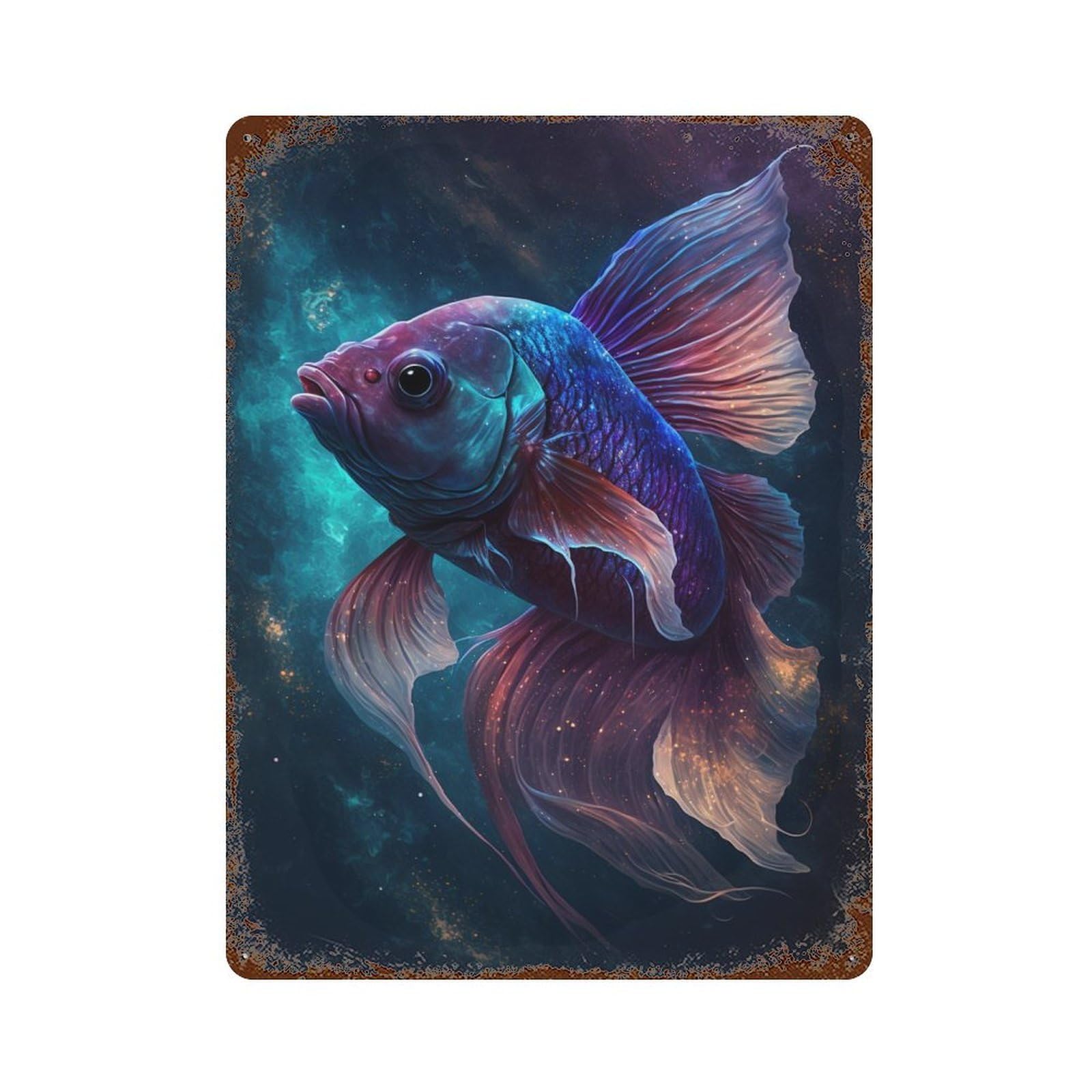 Rust Effect Cosmic Betta Fish Art Print Rustic Tin Plaque 15.7"x11.8", Industrial Home Decor for Bistro, Counter And Cafe Decor
