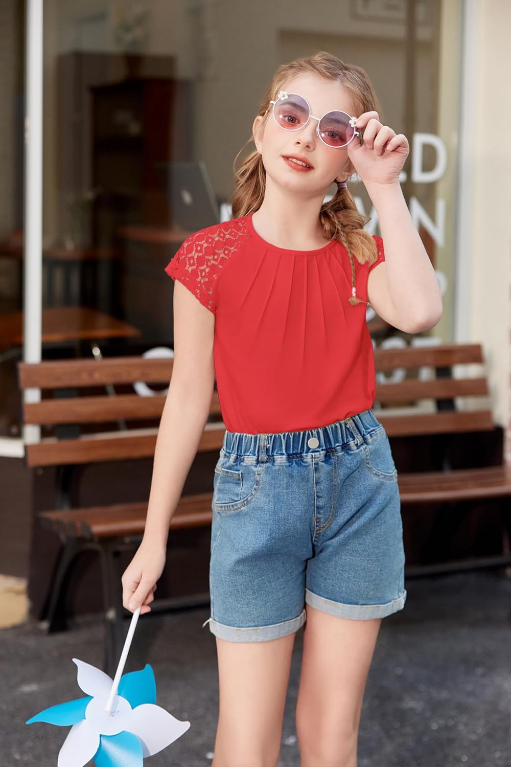 Arshiner Girls Shirts Short Sleeves Lace Pleated Kids Summer Tops Casual Crewneck Blouses Tees - Image 2