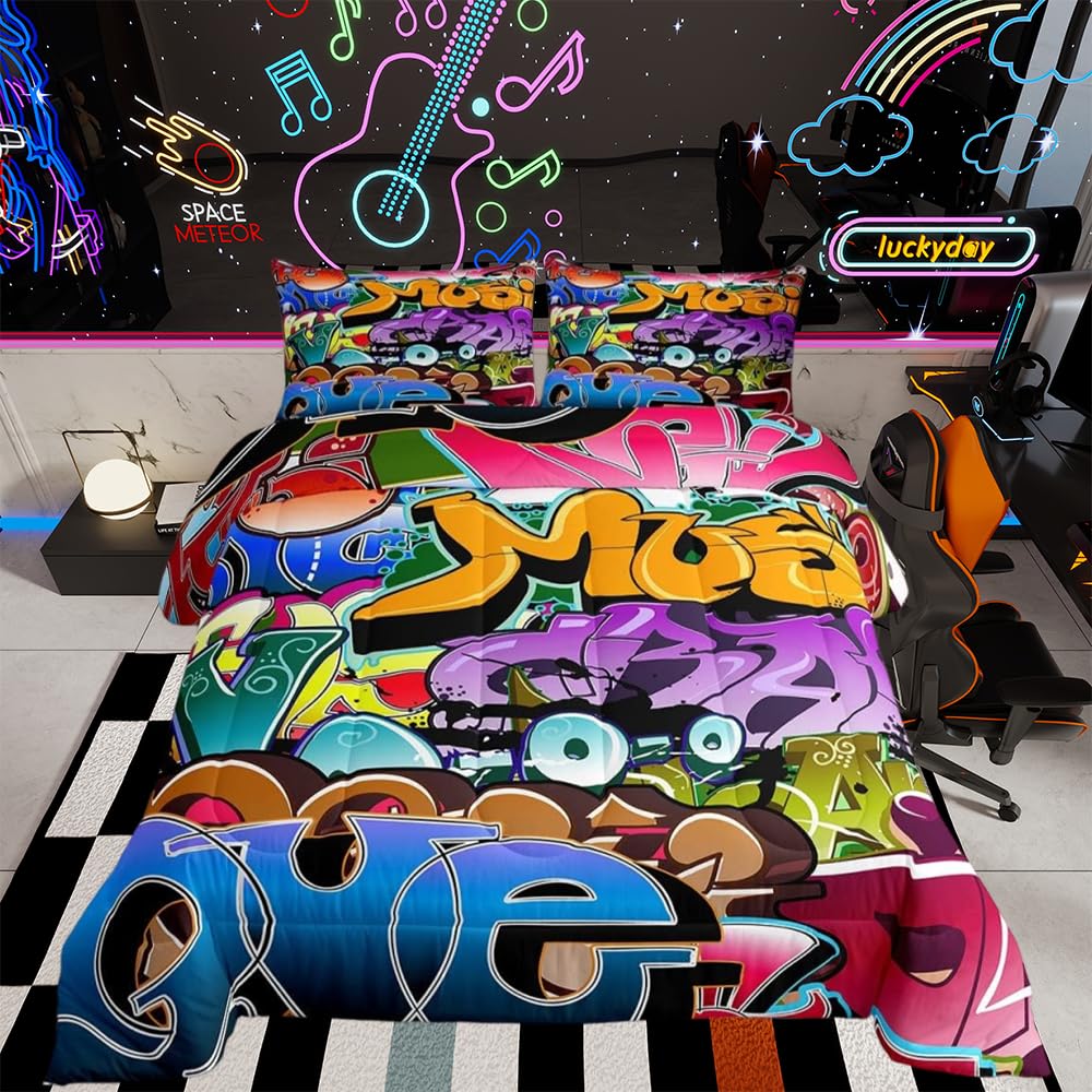 Hippie Graffiti Duvet Insert Teens Boys Hip Hop Sports Duvet for Kids Youth Colorful Alphabet Graffiti Duvet Cover Abstract Art Quilted Duvet Set Multicolor King Size