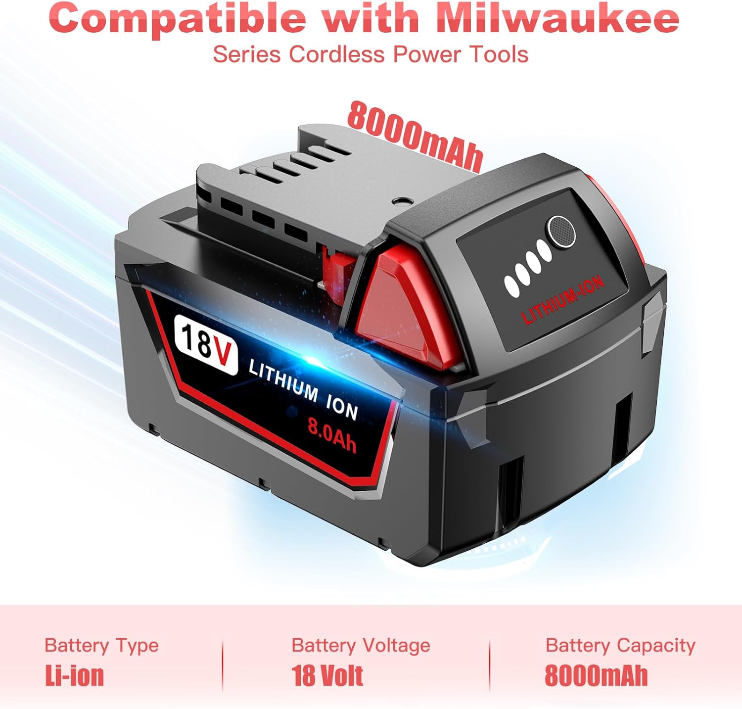2 Pack 8.0 Ah M18 Batteries for Milwaukee 48-11-1860 18v Replacement 18 Volt Max Battery Cordless Tool 2646-22CT,2643-21CT,2641-21CT,2646-21CT,2646-20 Lithium-Ion Battery Pack - Image 5