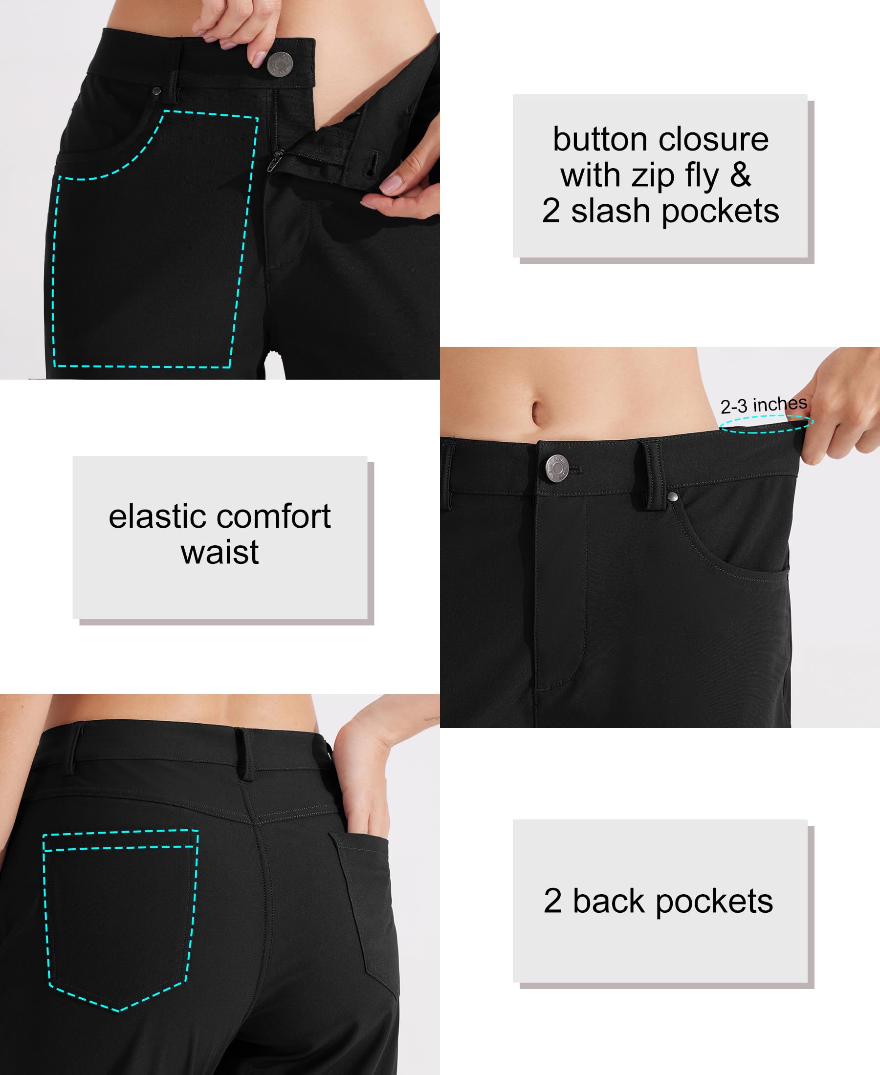 Libin Pantalon habillé pour femme 73,7 cm, 78,7 cm, extensible, jambe droite, pantalon de travail, pantalon de golf décontracté pour le bureau, le travail, le voyage, léger, noir, 42