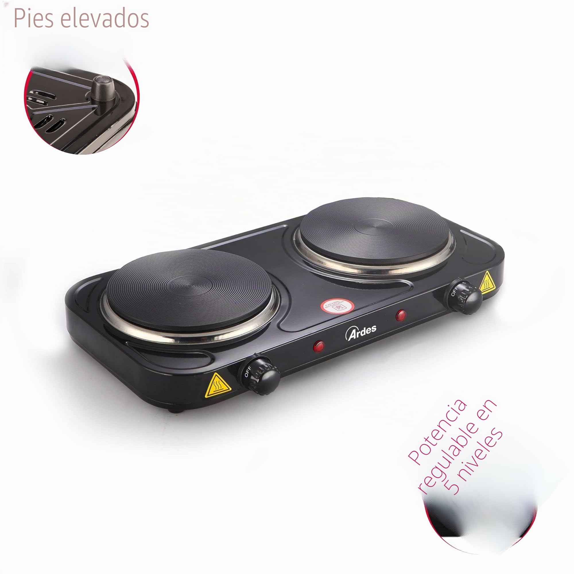 ARDES Hornillo eléctrico para cocinar, de 2000W en acero pintado para Camping y Cocina con 2 Placas de fundición Diámetro 15,5 cm y 2 Termostatos Modelo TIKAPPA AR1F21 Negro