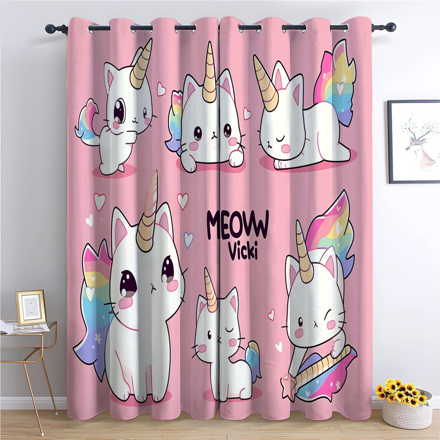 Cortinas Opacas para Niños, Animales Gato Unicornio,Térmicas Aislantes Frío y Calor, Reducción de Ruido, Protección de Intimidad, 150 x 166 cm para Hogar y Dormitorio Infantil