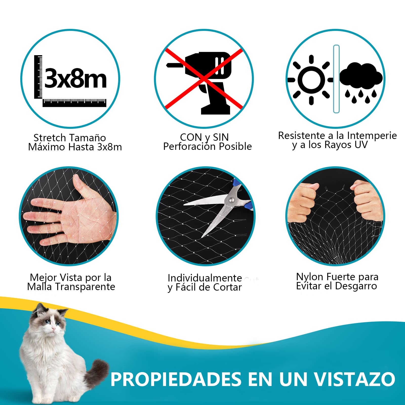 8x3m Red para Gatos Terraza de sin Taladro, Red Gatos Ventanas Seguridad Transparente para Redes Protección Malla Gatos para Balcones, Ventanas, Tragaluces y Puertas