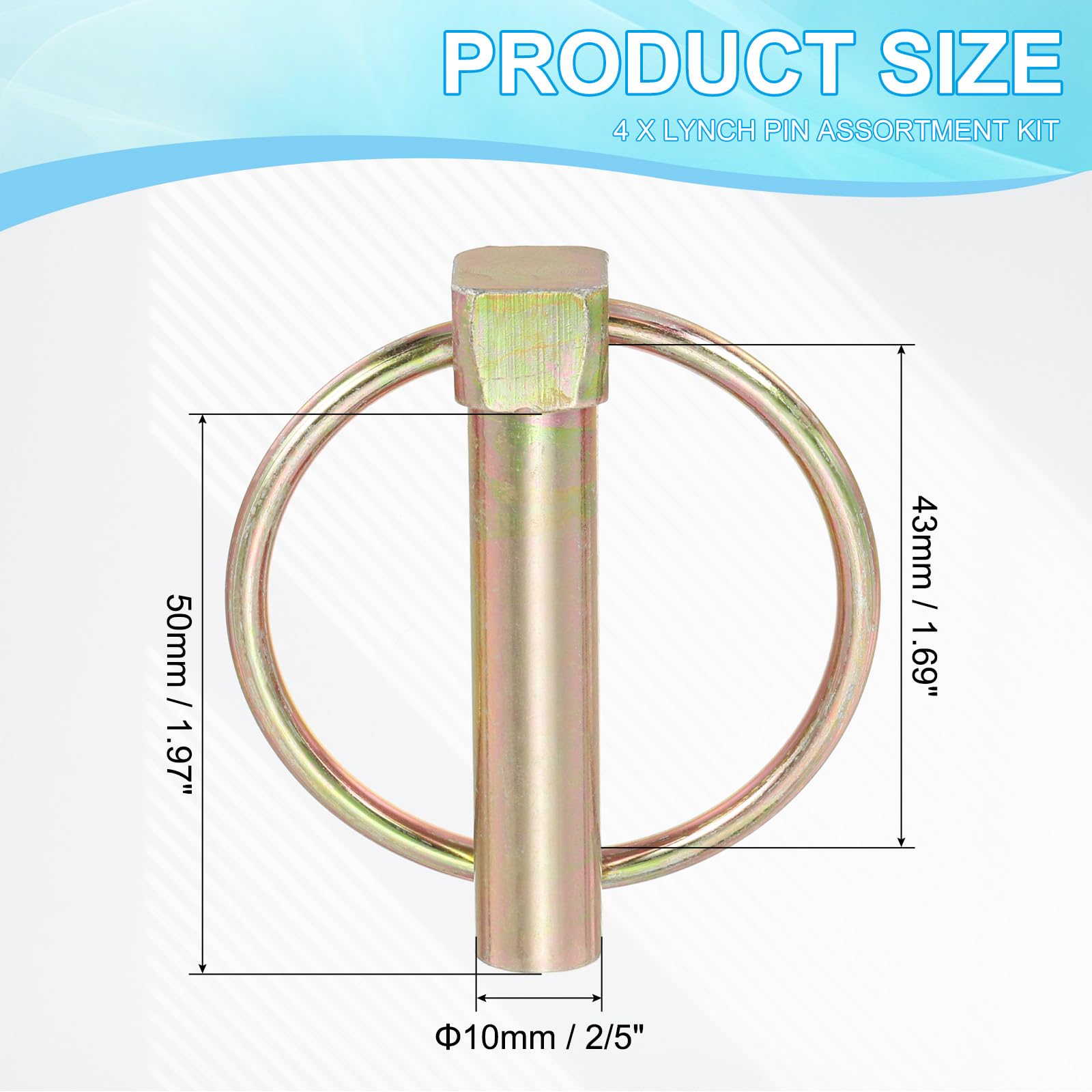 PATIKIL 2/5 x 1.97 Linch Pin, 4 Pcs Lynch Pin Assortment Kit Shaft Lock Pin Clips Hardware Pins with Ring for Farm Tractor Trailer Carriages (10x50mm)