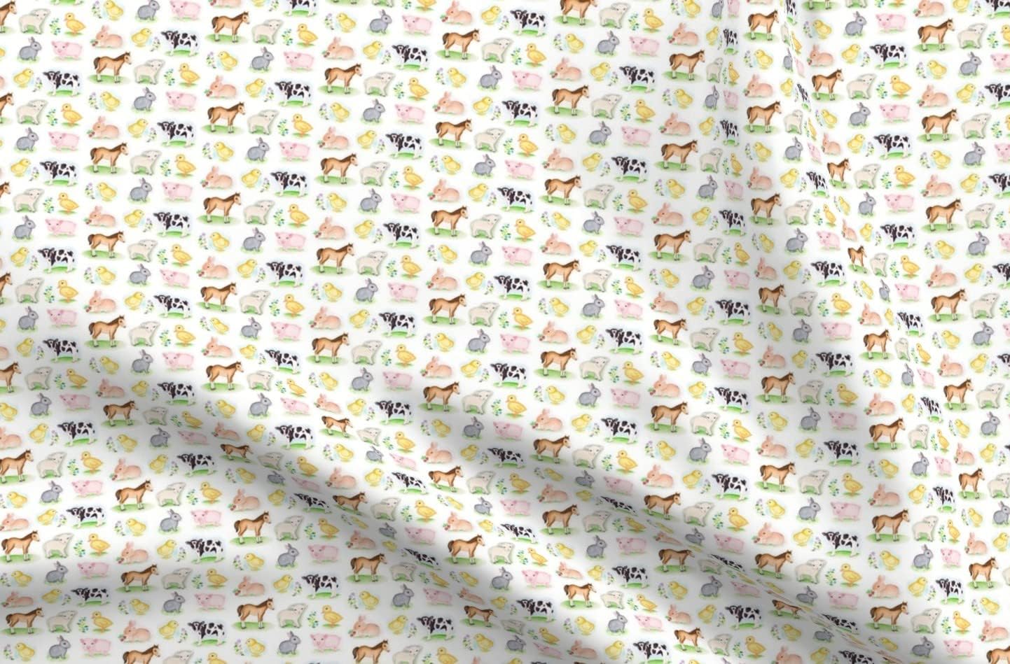 Spoonflower Fabric - Farm Animals Cow Horse Lamb Bunny Pig Chick Animal Print Printed on Organic Cotton Sateen Fabric by The Yard - Sewing Quilting Apparel Home Decor