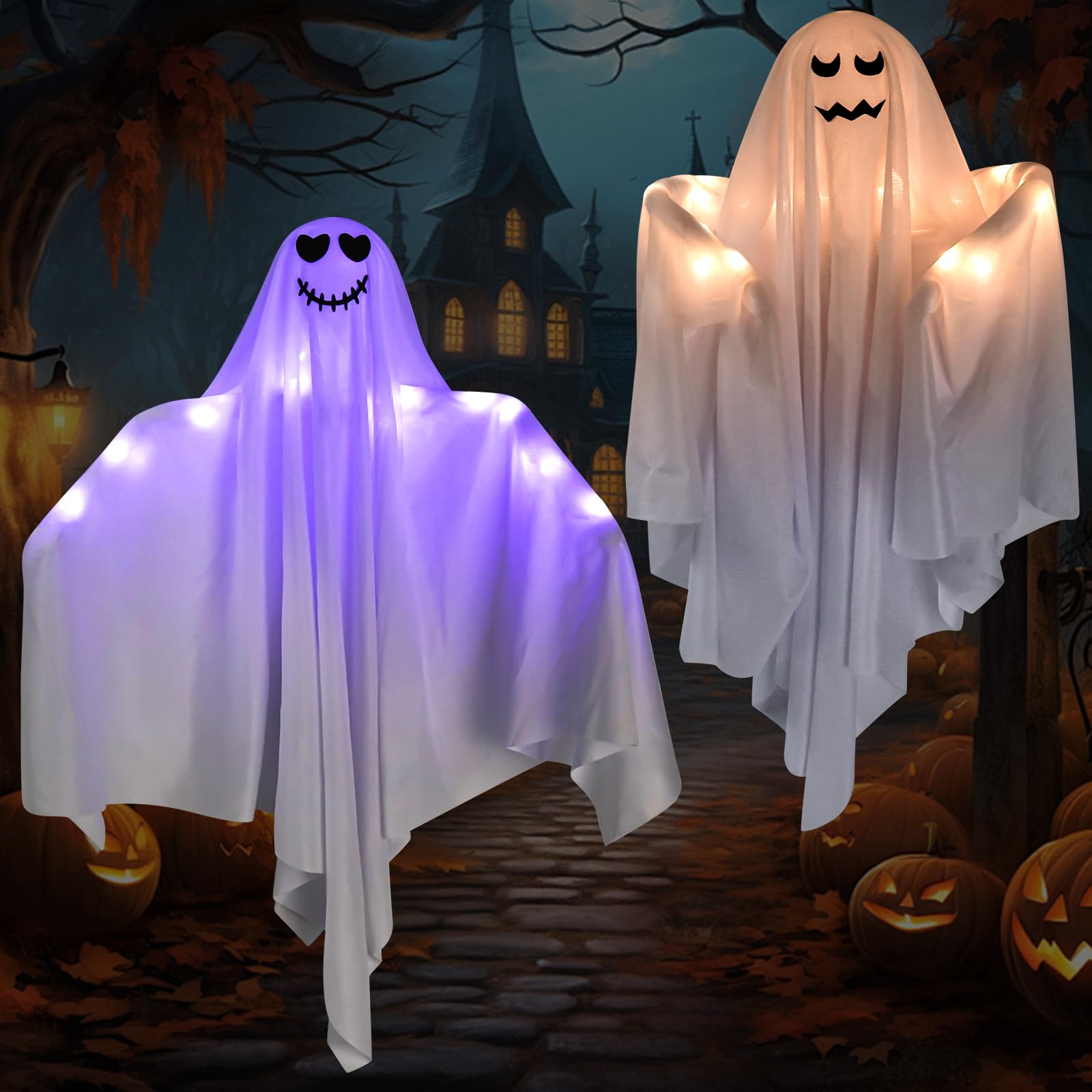 Luz Fantasma Colgante Halloween, 2 Piezas Fantasma Halloween Decoracion, Decoración Halloween Exterior Interior, Colgante Espeluznante Decoración para jardín, Ventana, Bar