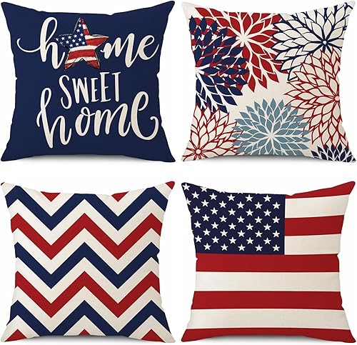 Juego de 4 fundas de almohada decorativas para el 4 de julio, 18 x 18 pulgadas, juego de 4 fundas de almohada con diseño de estrellas y rayas