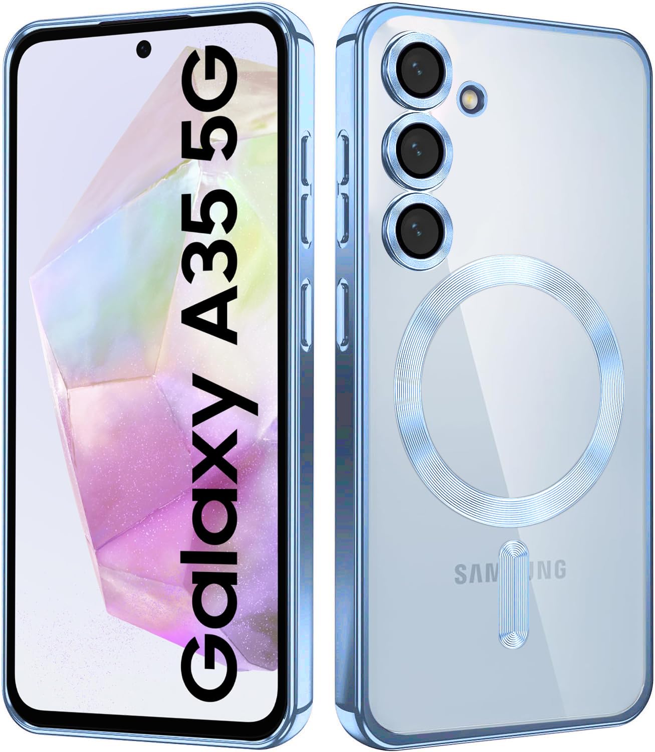 VONZEE Clear Logo Electroplating Transparent Case for Samsung Galaxy A35 5G, Magnetic Plating Electroplate TPU Cover, Individual Camera Protection for Each Lens- Sierra Blue