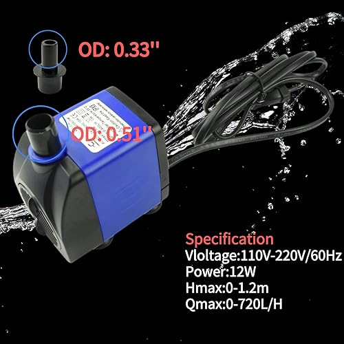 Miniatura 3 de Conquerall CHA-750 720LH AC 110V 185GPH Bomba sumergible 12W Bomba de agua silenciosa 3.94 pies de altura para peceras, estanques, acuarios, fuentes