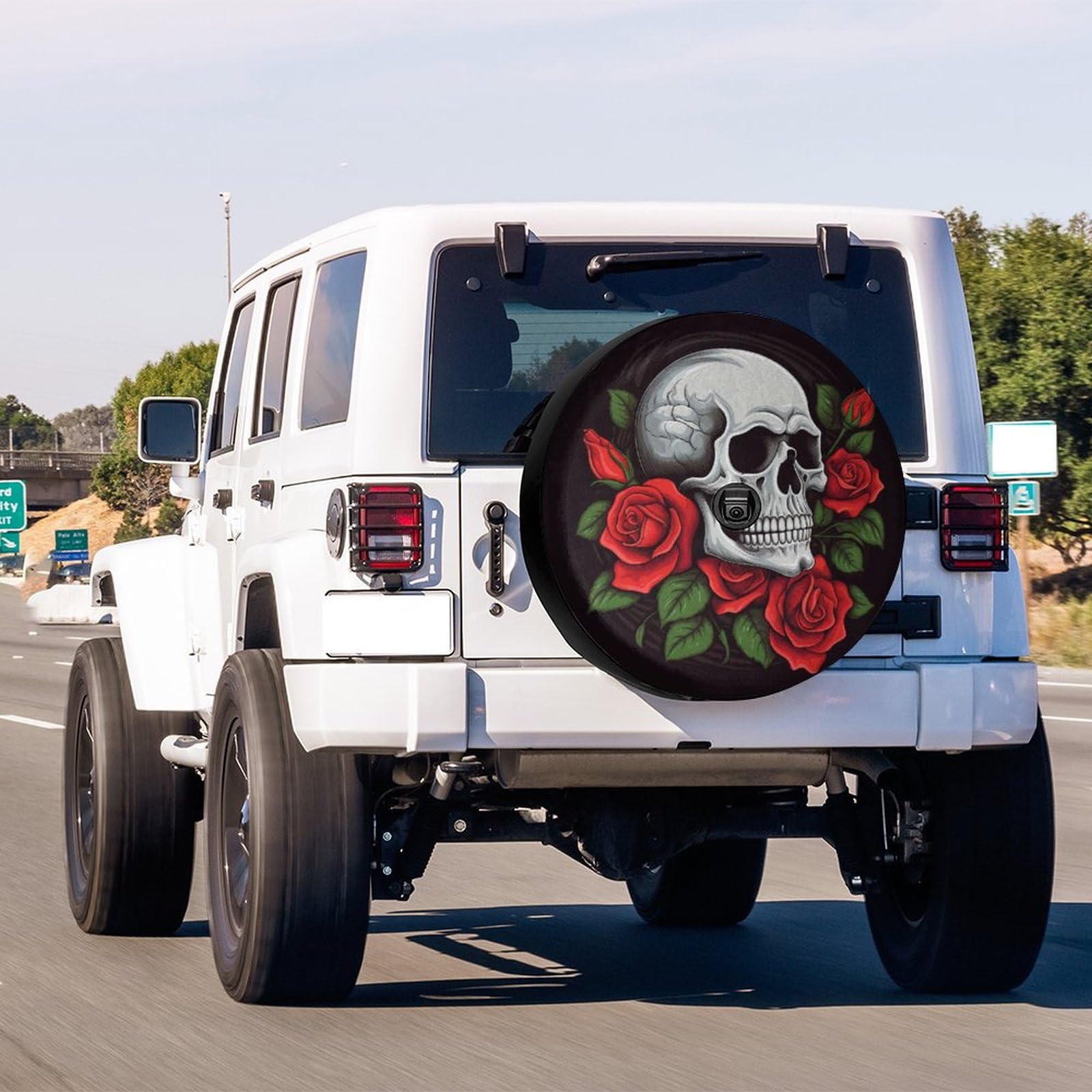 Dujiea Skull with Roses Spare Tire Cover with Backup Camera Hole, Universal Wheel Tire Cover Tire Protectors for Jeep Trailer RV Van SUV Truck Camper and Many Vehicle 17inch