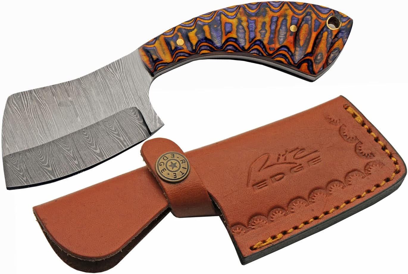 SZCO Supplies DM-1341 Wood Handle Damascus Steel Mini Cleaver with Sheath, Blue/Orange, 6" Length