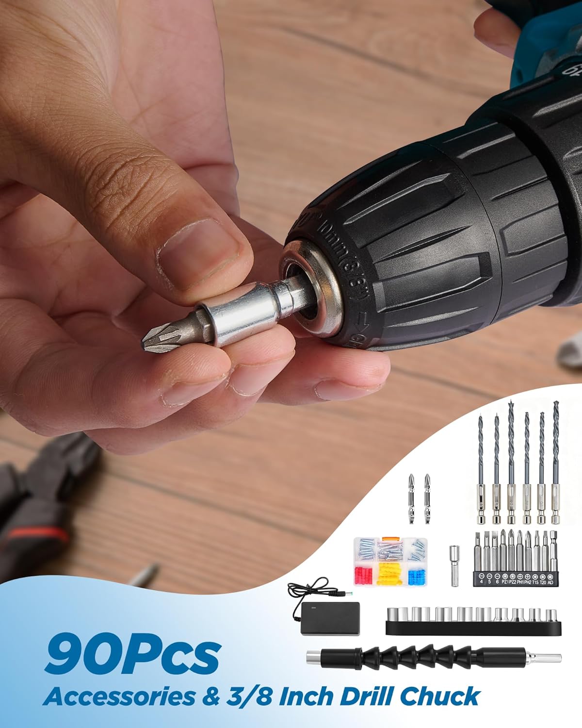 Cordless Drill, 21V Power Drill with Dual 2.0Ah Power Pack and Charger, Power Electric Battery Drills Set, 3/8" Chuck, 25+1 Torque, Compact Drills with 90 Accessories Tool for DIY, Home Repair & Gift