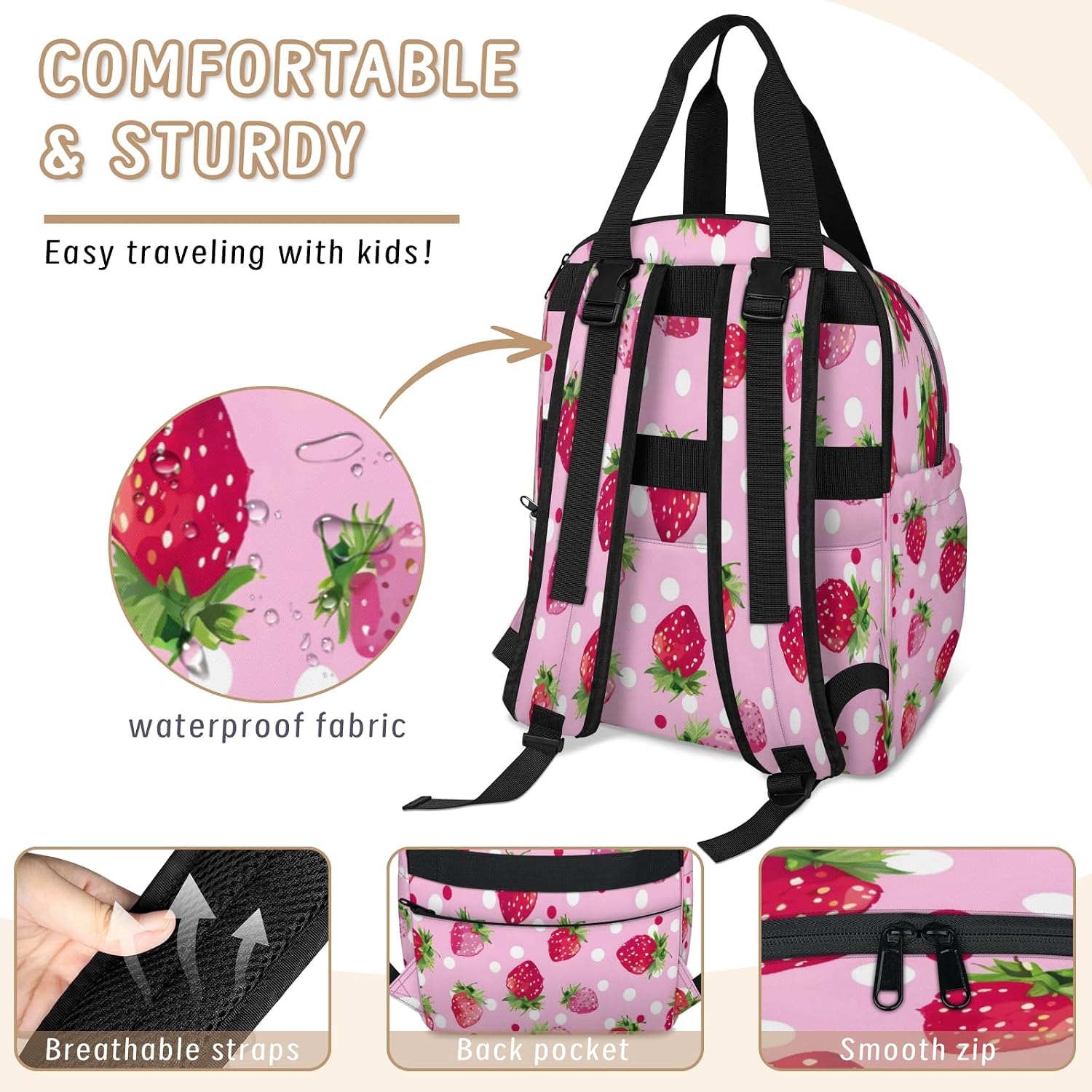 Baby Diapers Bag Backpack, Strawberry Pink Fruit Waterproof Large Baby Bag for Mom Dad, Cute Strawberry Travel Diaper Bag Backpack