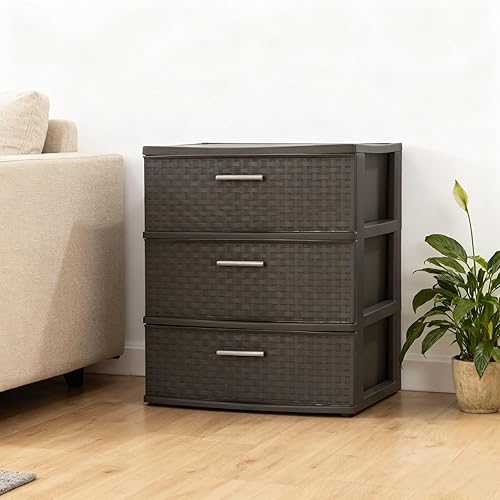 Decorative Wide Weave 3-Drawer Tower - Sturdy Plastic Storage Drawers with Pull Handles, Brown for Visible Living Space Décor