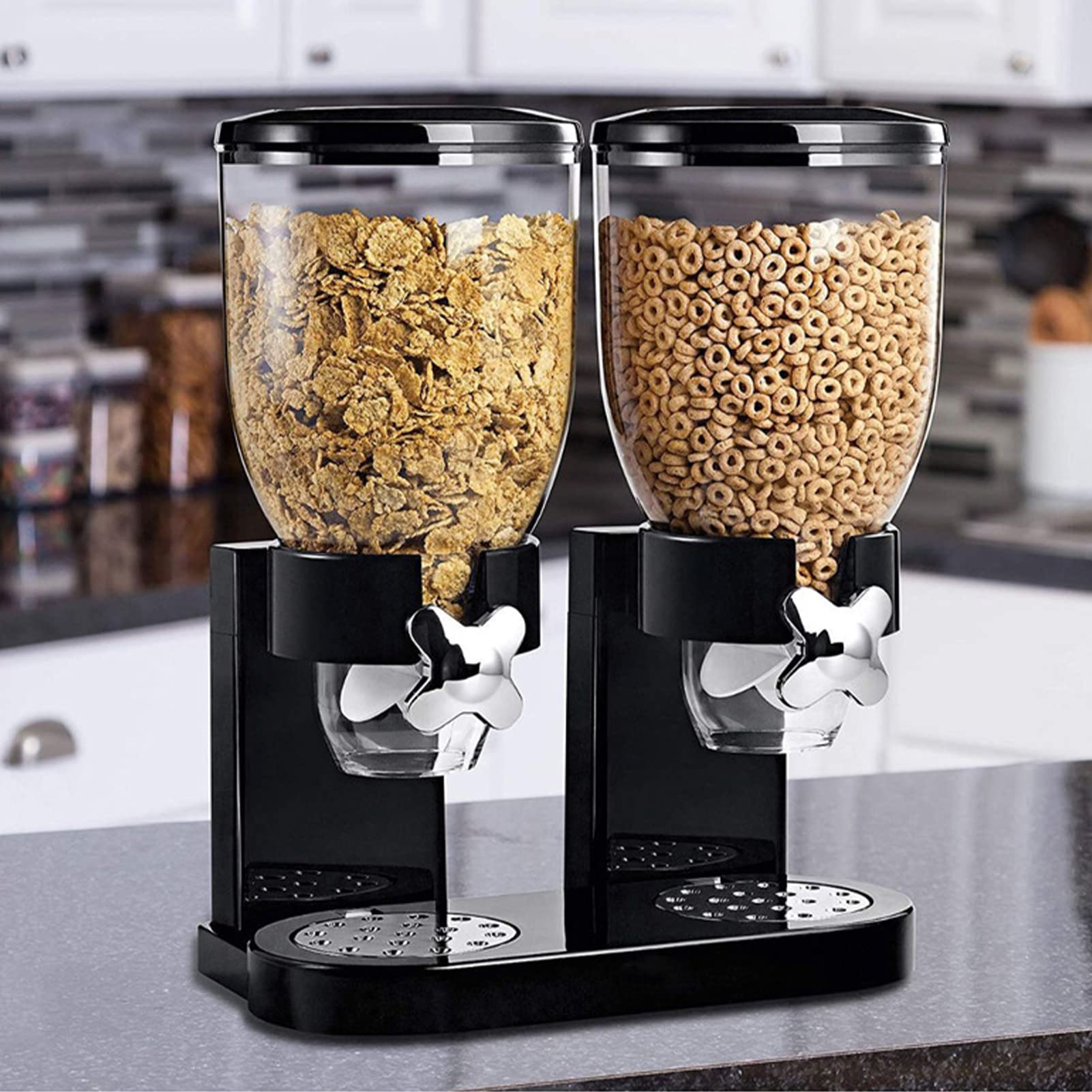 Syfunlv Distributeur de céréales double, 2 l, en plastique, céréales, bonbons, bonbons et céréales, récipient à flocons d'avoine, 29 x 35 x 16 cm (2 l, noir, double fût)
