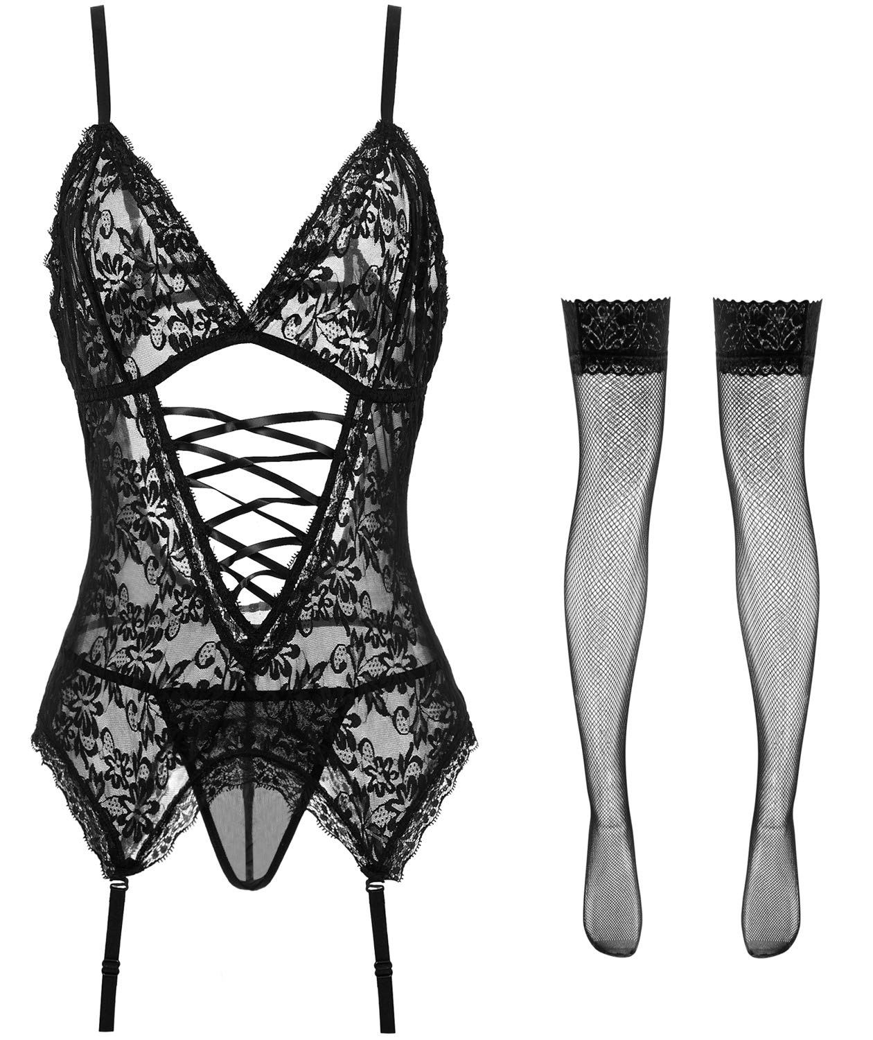 Anyou Womens Lingerie Stretchy Lace Teddy Plus Size Bodysuit Chemise Nightwear with Stockings Size S-XXXXL Wine Red