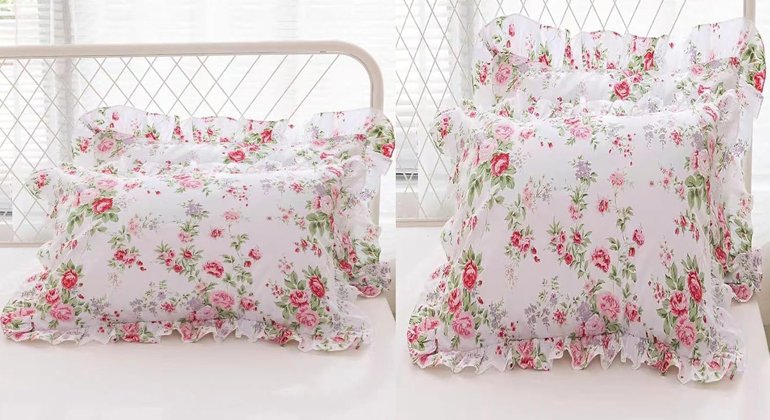 Rose Floral Print Pillow Shams with Ruffles Queen Size 20 x 30 1pair and Euro Shams (26"X26") 1 Pair 100% Cotton
