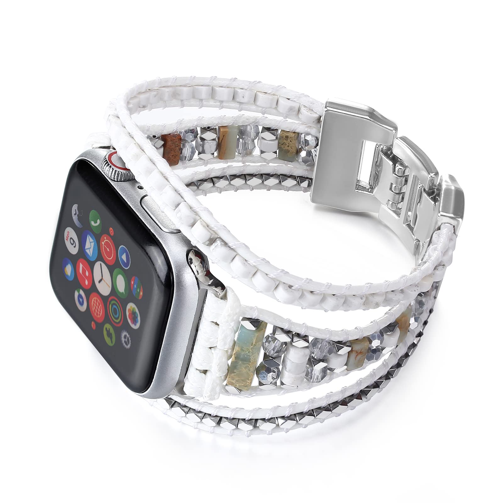 CHARMINGO Boho Beaded Bracelet Compatible with Apple Watch Band for Women Men 38mm 40mm 41mm 42mm 44mm 45mm 46mm 49mm - Handmde Natural Stone Leather