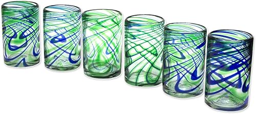 Miniatura 5 de NOVICA Vasos de vidrio soplado hechos a mano 5 pulgadas de alto x 3.1 pulgadas de diámetro, 13 onzas'Elegant Energy' (juego de 6)