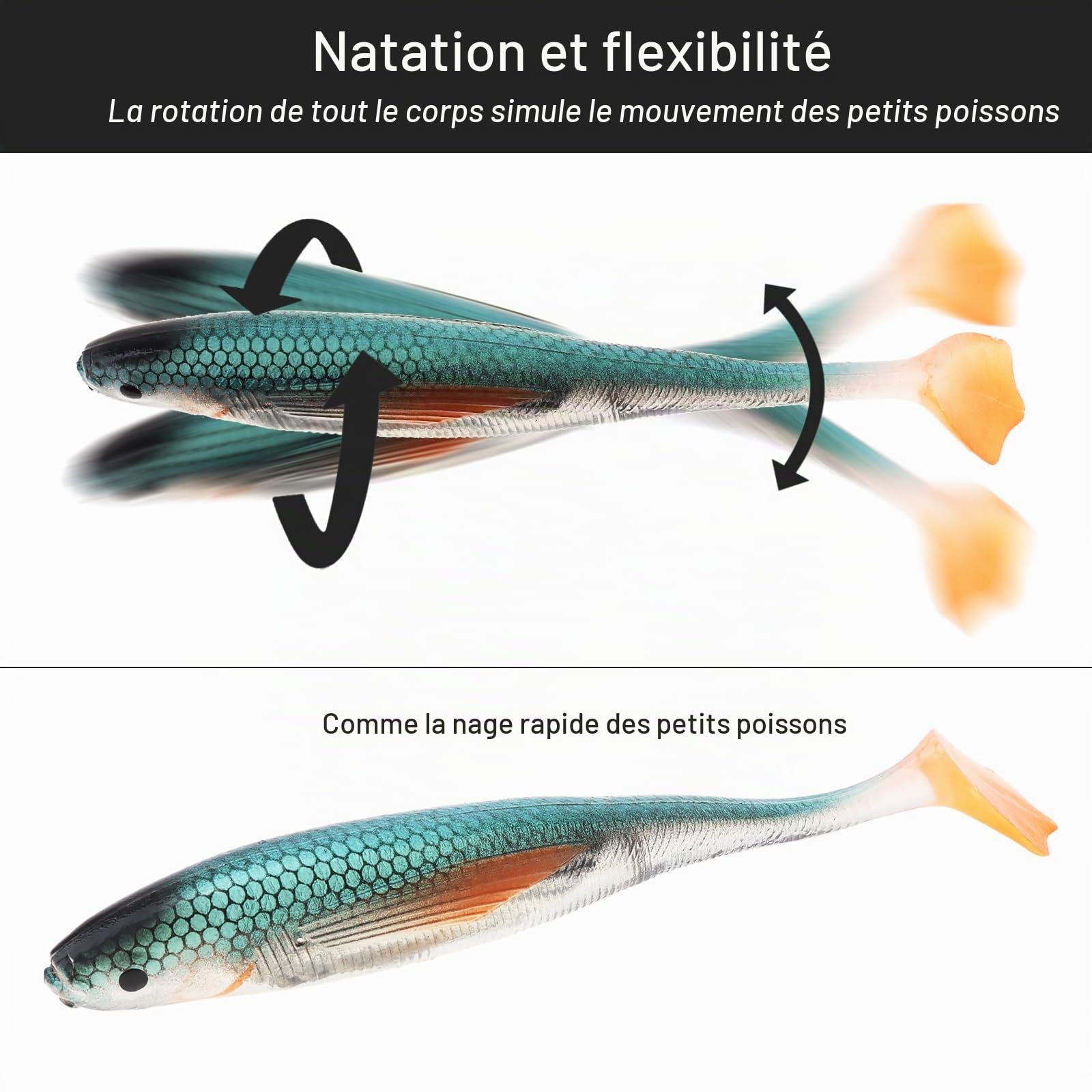 Lot de 6 leurres de pêche souples en plastique - Appâts artificiels - Pour bar, brochet, truite, perche - Accessoire de pêche pour eau salée et eau douce