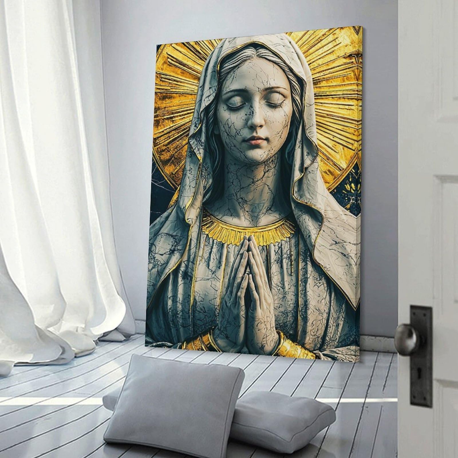 Junmoney Golden Halo Virgin Statue Decorative Wall Artwork 12x18inch(30x45cm), for Front Hall, Corridor Or Welcome Spaces, Decorative Wall Art for Narrow Spaces