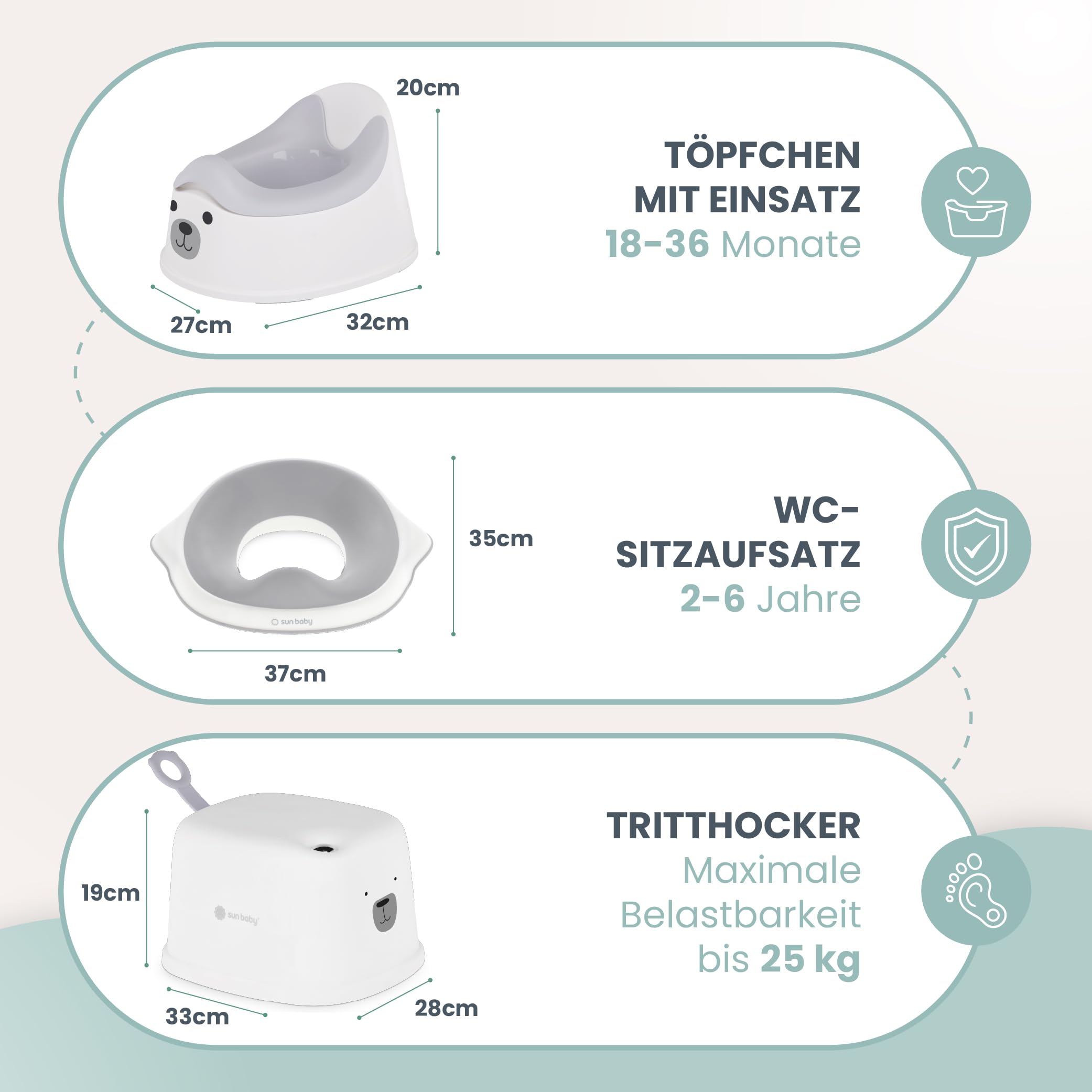 SUN BABY 3-in-1 Potty Training Set 18-36 Months - Beige | Potty with removable insert, toilet seat and non-slip step stool