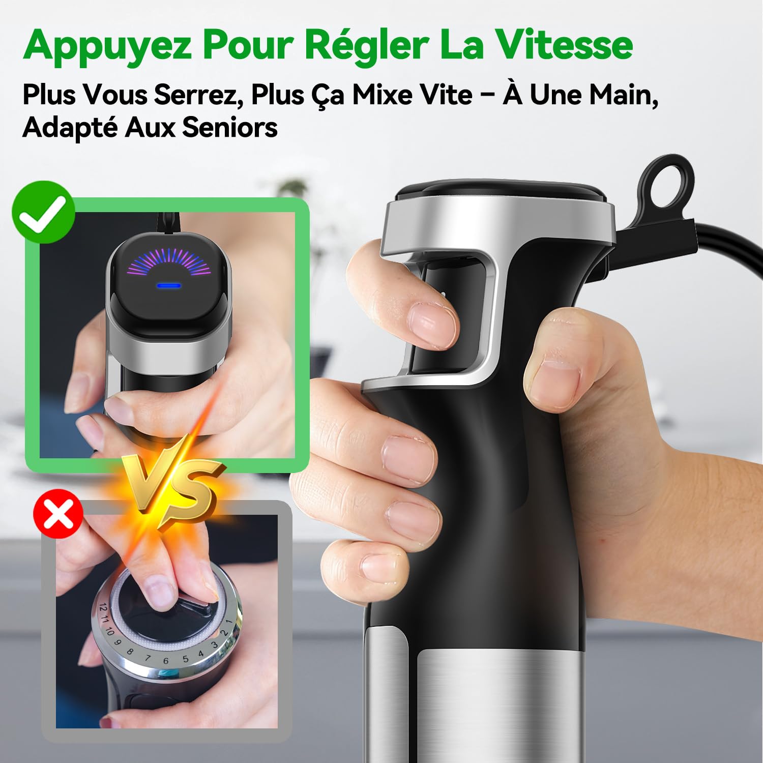 BESROY Mixeur Plongeant 5 en 1, 1100W, Vitesse Progressive, Lames Inox & Protection Anti-rayures, Hachoir Électrique, Fouet, Mousseur à Lait, Verre Doseur, pour Soupe, Smoothie, Purée