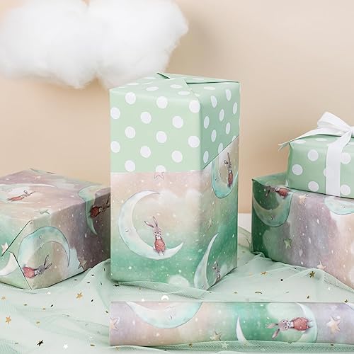 Miniatura 4 de RUSPEPA Rollo de papel de regalo reversible, rollo jumbo, conejo lunar y patrón de puntos para envoltura de regalos neutros de bebé, fiesta de