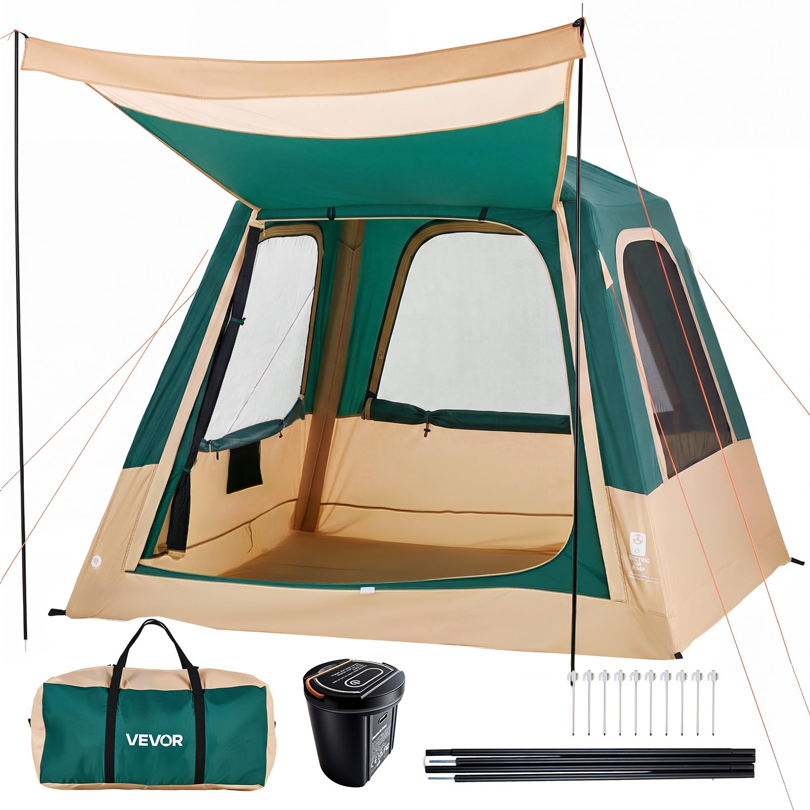 VEVOR Tente Gonflable 4 Personnes Pompe Rechargeable Tente de Camping Vert, pour Randonnée et Pique-niques en Famille, avec Tubes d'air en TPU, 5 Grandes Fenêtres en Maille, Sac de Transport Portable