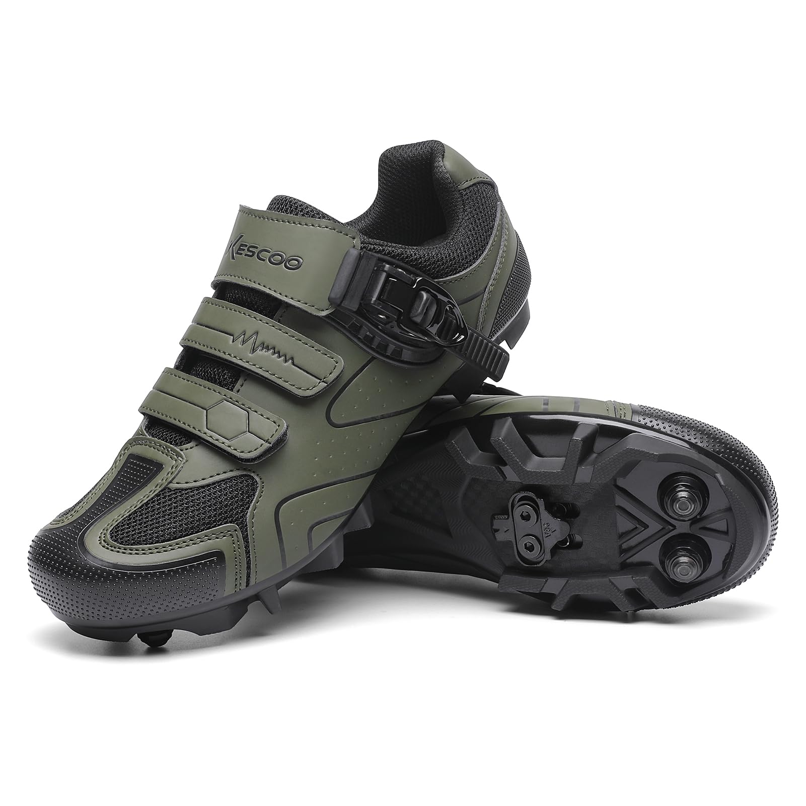 KESCOO Mens Mountain Bike Shoes with 2-Bolts SPD Cleats Included, Cycling Shoes with Quick Ratchet Buckle Indoor Outdoor Riding Biking