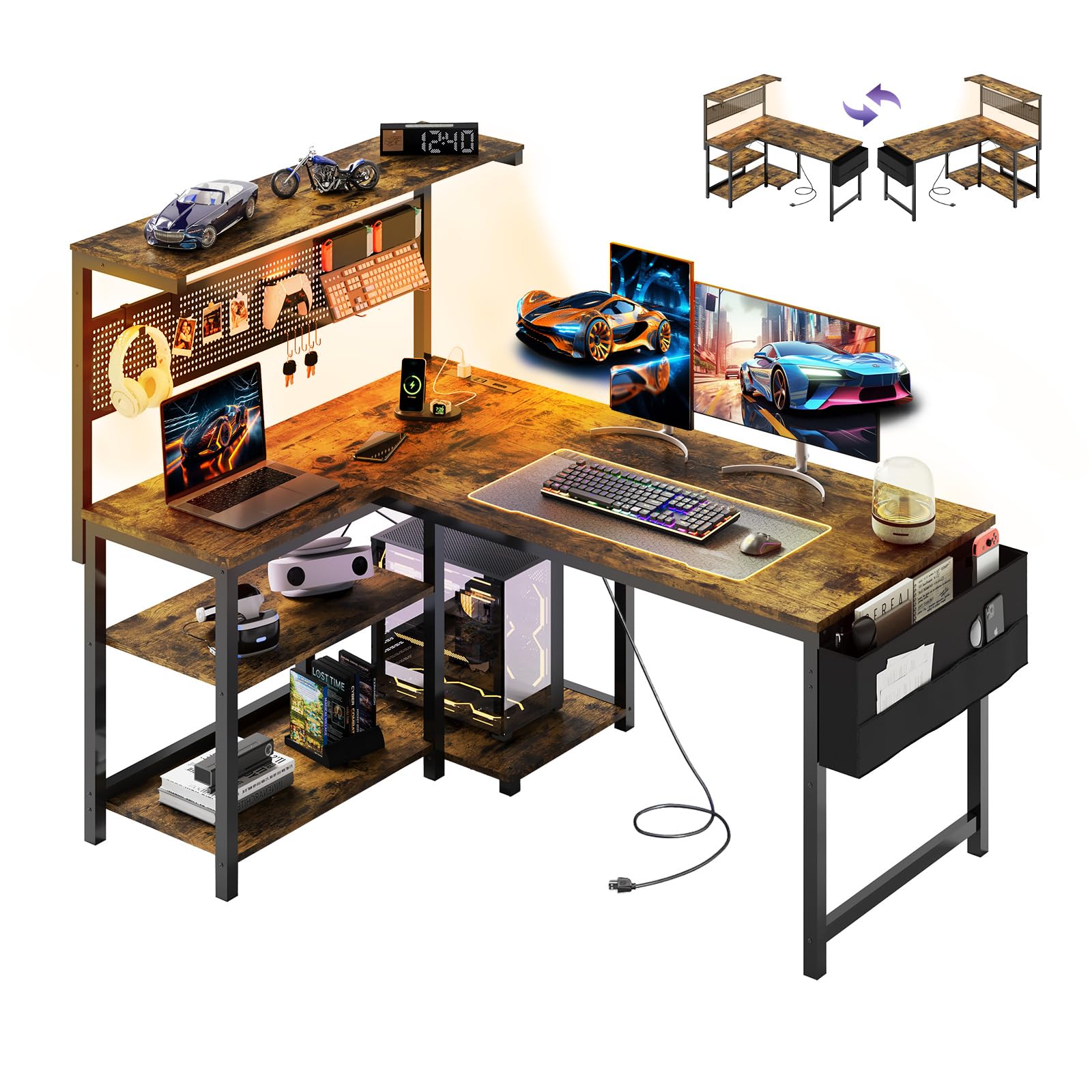 YOUDENOVA ゲーミングデスク L字デスク パソコンデスク 幅120cm ペグボード付き LEDライト 電源コンセント/USBポート付き 左右入れ替え可能 収納ラック/サイドポケット付き PCデスク オフィスデスク ワークデスク 勉強机 在宅勤務 省スペース 組立簡単 ビンテージ