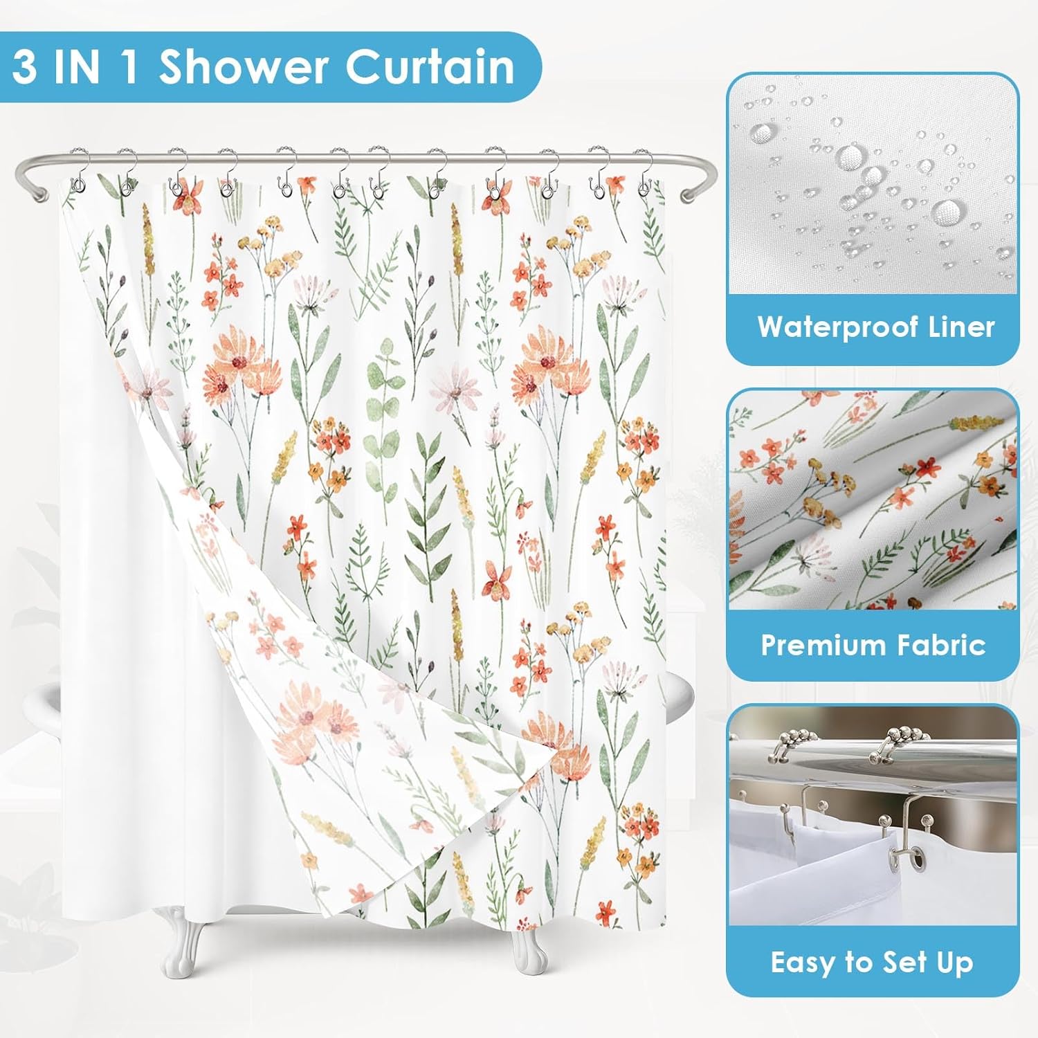 Shower Curtain and Liner Set, Watercolor Flower Sage Green Floral PlantsShower Curtain and Liner with Double-Sided Stainless Steel Hooks, 3-in-1 Waterproof Fabric for Bathroom, 72x72 Inch