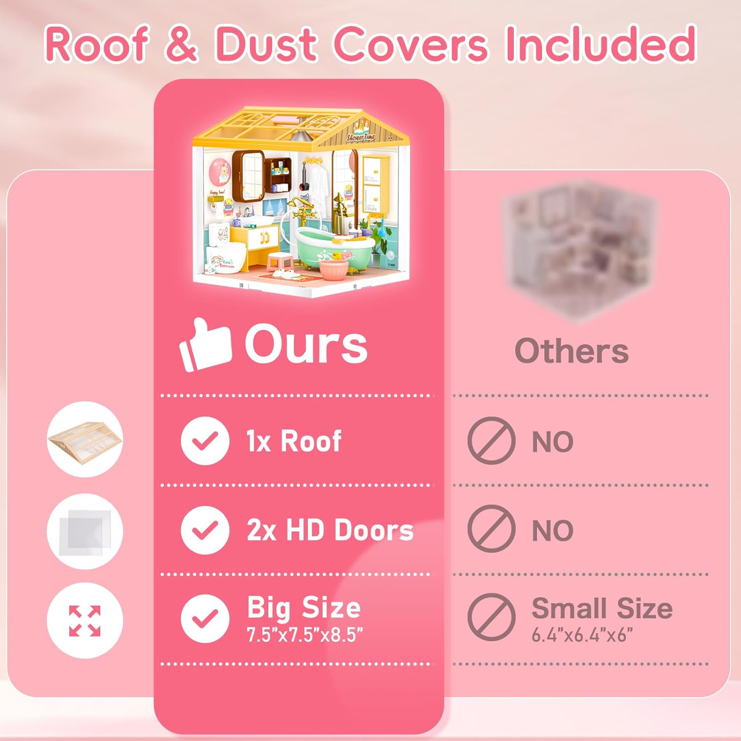 LED Building Blocks for Adults, 1:24 DIY Miniature Dollhouse Kits with Roof & Dustproof Cover, Tiny House Toy Building Sets for Kids Ages 8-12-15, Cozy Bedroom & Bubble Bathroom
