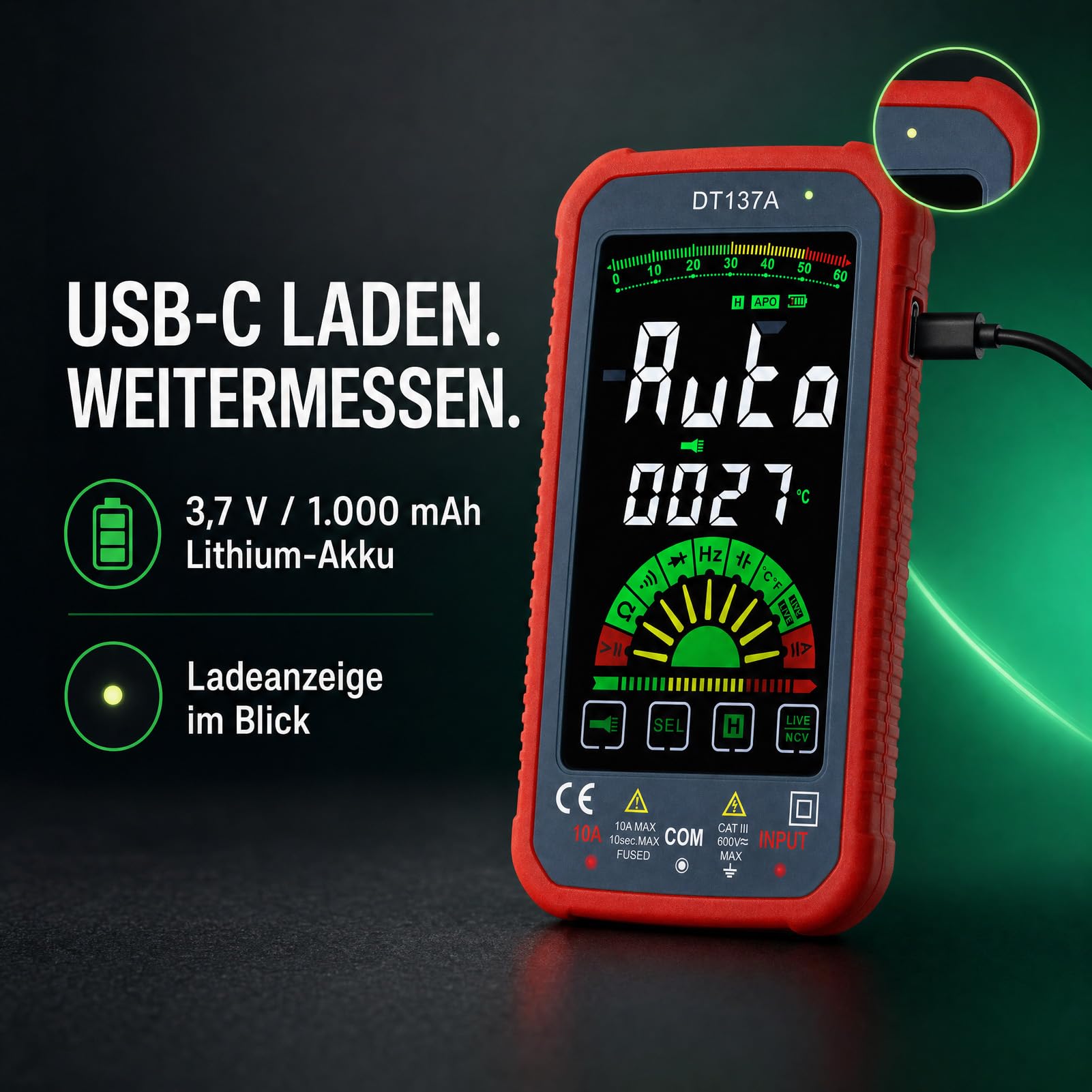 Digital Multi Touchscreen, DT137A, VA Farbbildschirm, TRMS, Rot