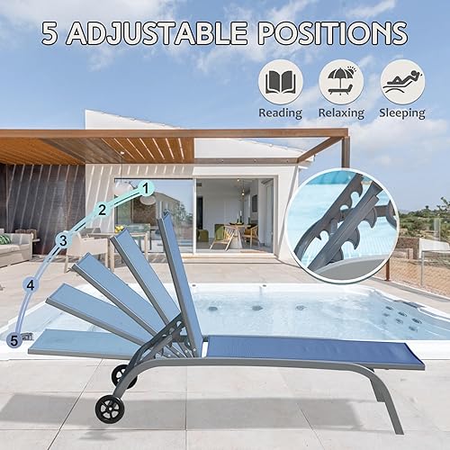 Miniatura 4 de Domi - Juego de 3 sillas de piscina, tumbonas ajustables de aluminio para exteriores con ruedas, sillas de patio con mesa auxiliar, todo tipo de