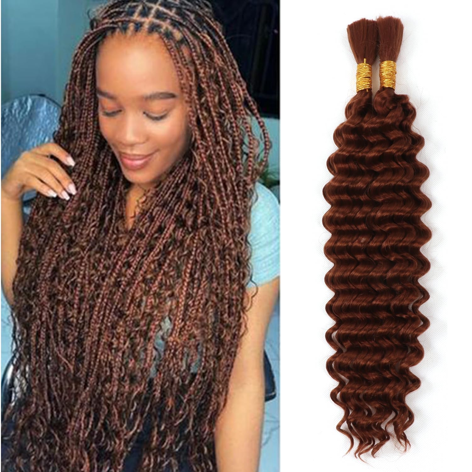 16 Inch Boho Braids Human Hair Extensions 2Bundles 100g Wet And Wavy Deep Wave Bulk Human Hair for Braiding No Weft Knotless Braids For Women (30#