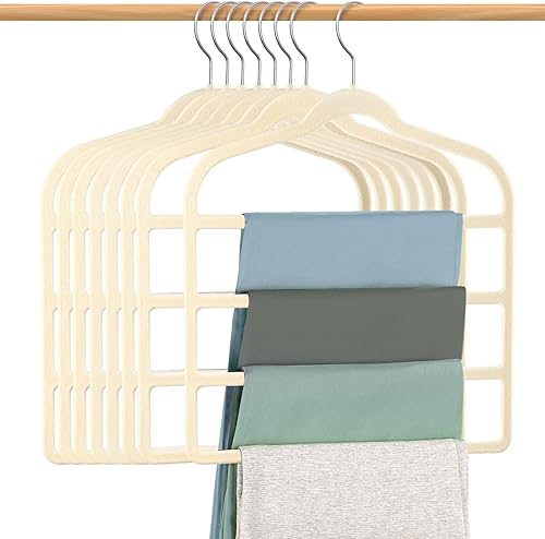 Perchas de terciopelo antideslizantes que ahorran espacio para pantalones, paquete de 8 perchas de terciopelo beige, perchas de ropa de múltiples