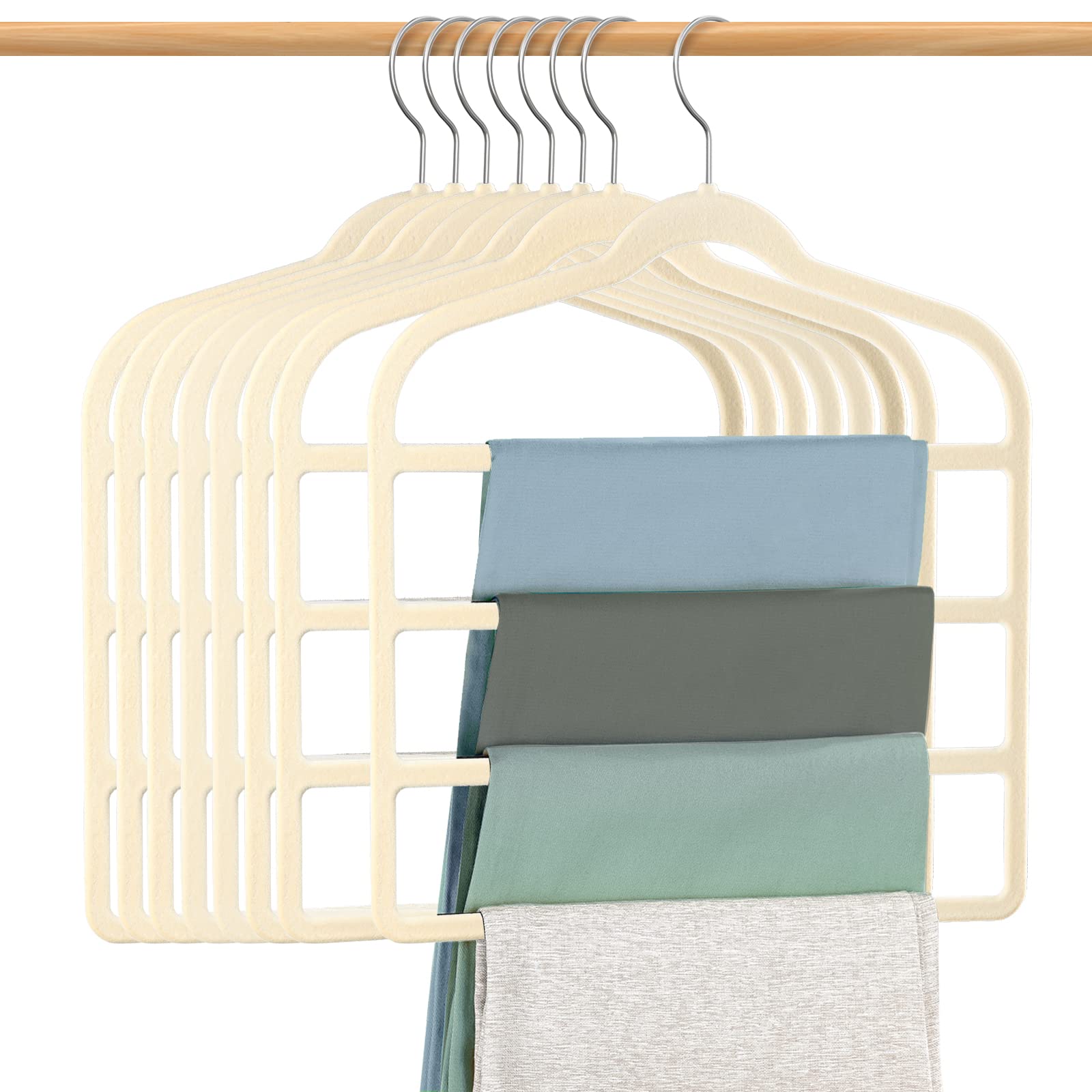 Velvet Hangers Space Saving Non Slip Pant Velvet Hangers, DUDUCOFU 8 Pack Beige Multi Layer Clothes Hangers Closet Organizer for Pants Trousers Scarf