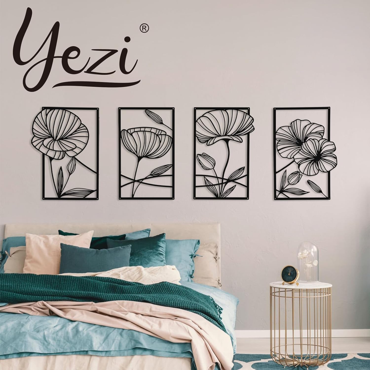 Yezi 4 Pieces Metal Wall Decor, Abstract Floral Aesthetic Modern Sculpture, Minimalist Splicing Line Art, Hanging For Living Room Bedroom Kitchen Bathroom Decorations (Black)