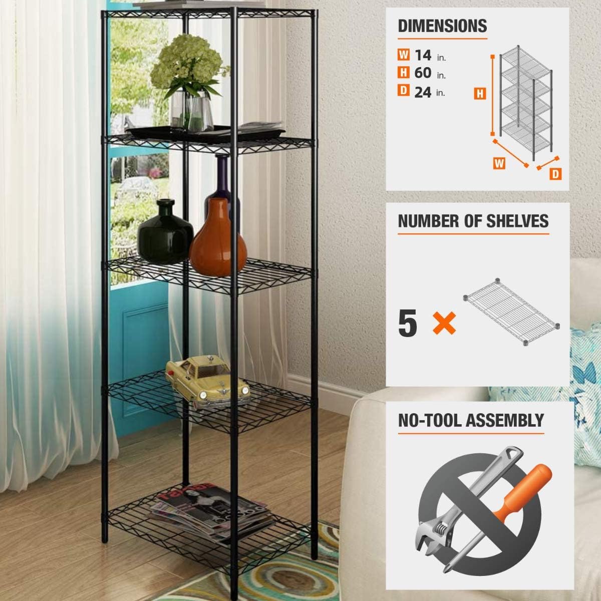 Storage Garage Organizer Metal Shelving Unit， 5-Tier 24" Steel Utility Wire Storage Racks and Shelving， 750Lbs Rust-Proof Storage Shelves , NSF Certification Shelf for Kitchen Office Garage