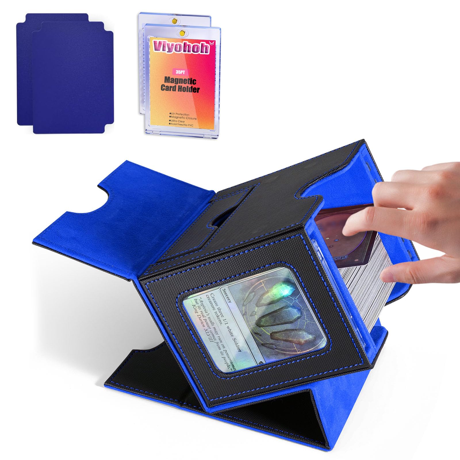 Viyohoh Card Deck Box for MTG with Commander Display Fits 100 Double-Sleeved Cards, Deck Case for TCG/Sports Cards with 2 Magnetic Card Holders (Black&Blue)